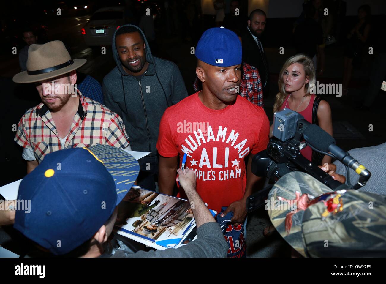 Jamie Foxx leaving Villa Loung wearing a t-shirt saying 'Muhammad Ali, People's Champ' in West Hollywood  Featuring: Jamie Foxx Where: Hollywood, California, United States When: 04 Jun 2016 Stock Photo