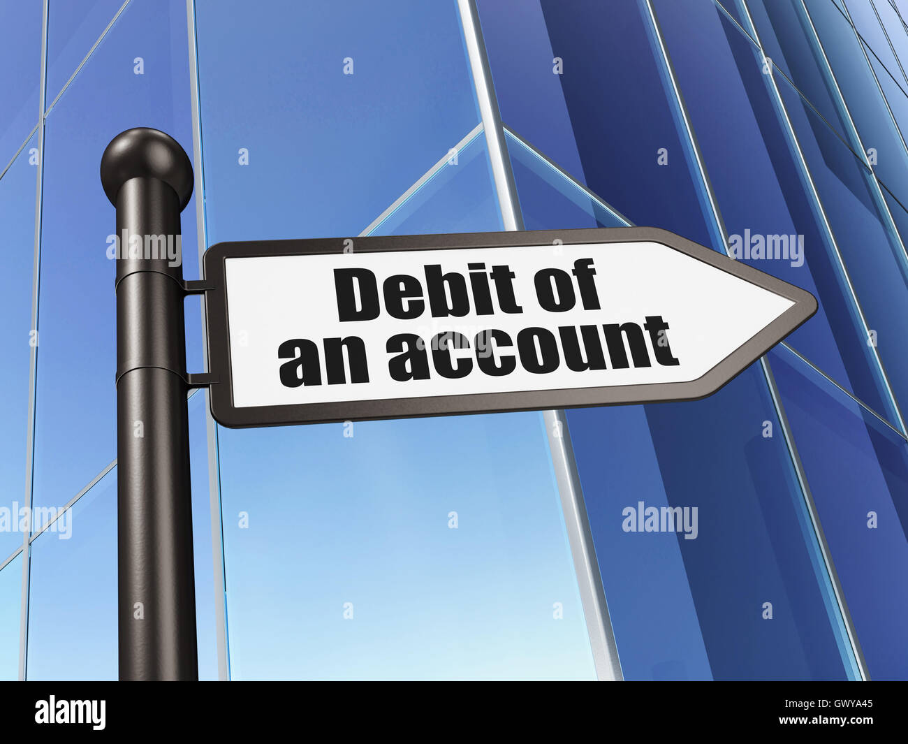 Currency concept: sign Debit of An account on Building background Stock ...