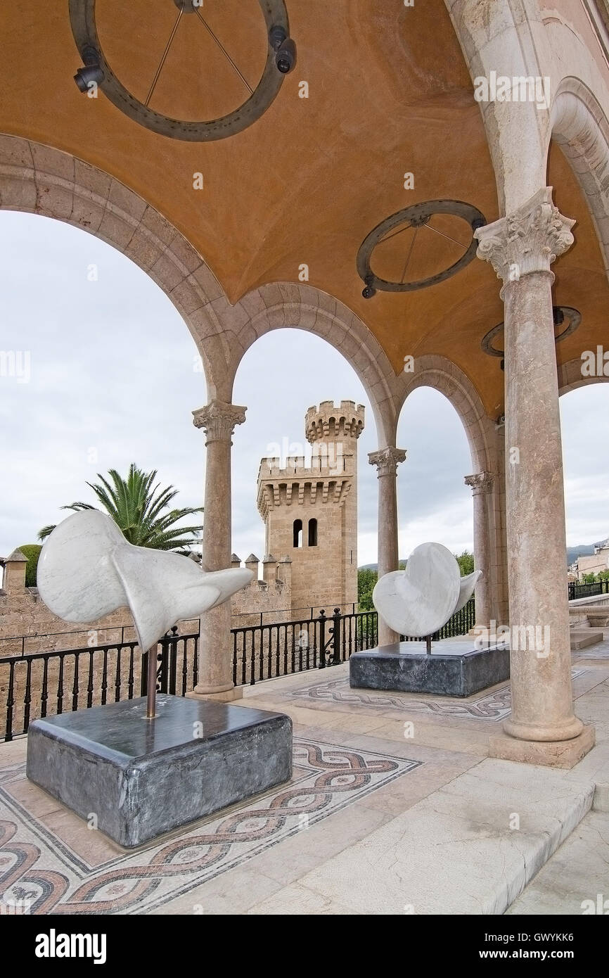 Museu March sculpture garden and neoclassical architecture with a view to Almudaina castle on July 14, 2016 in Palma de Mallorca Stock Photo