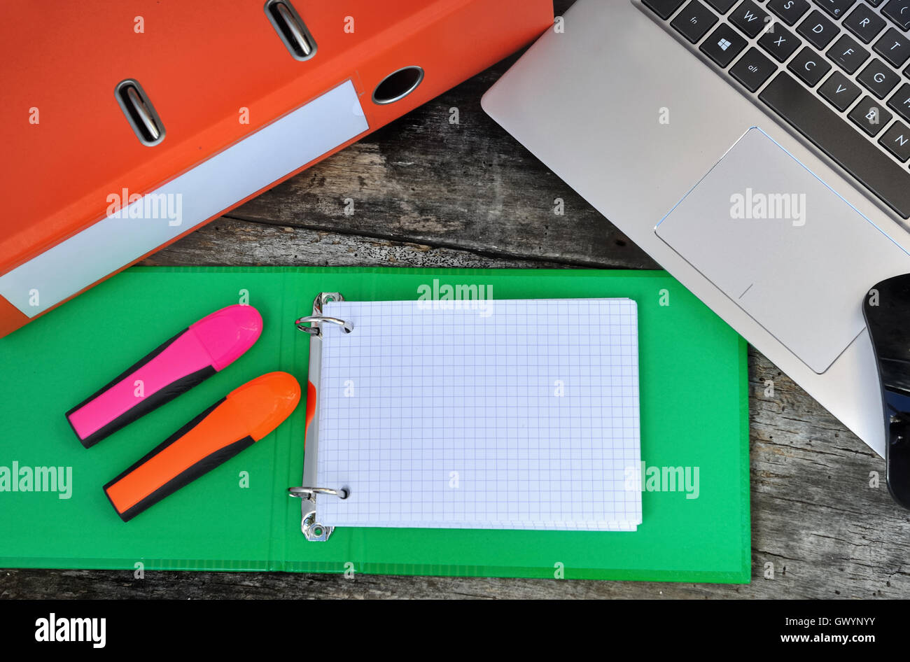 index card empty on a desk with laptop and colorful pens and binders Stock Photo Alamy