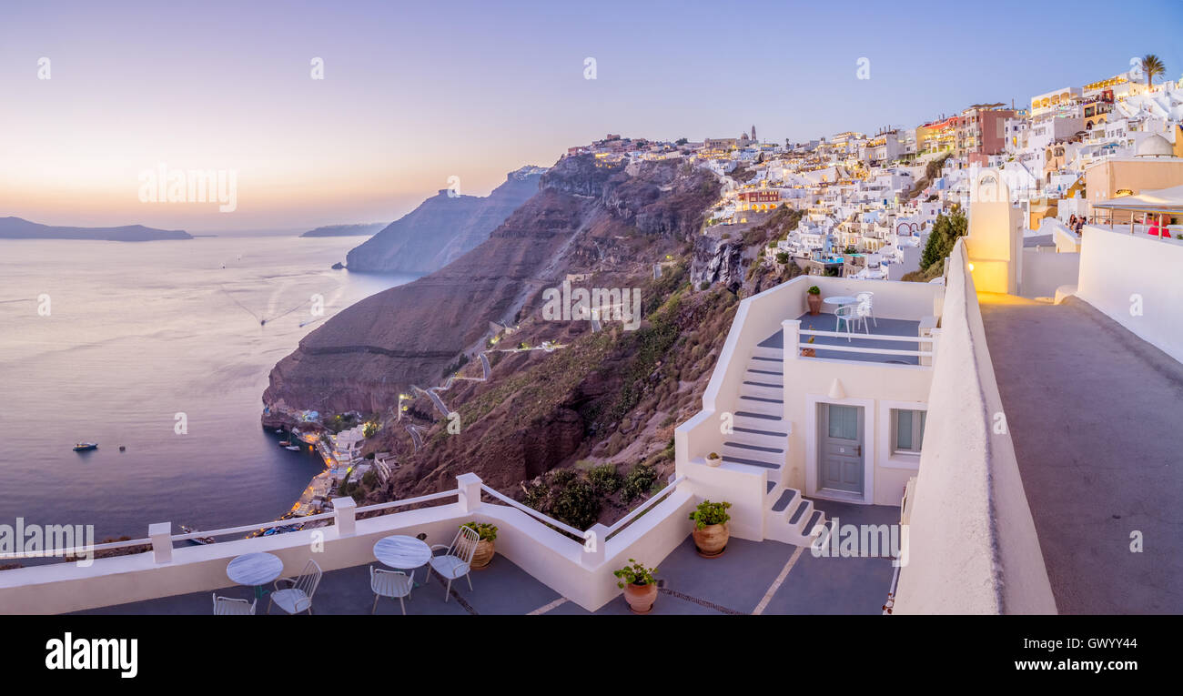 Cityscape of the village of Fira in the Santorini Island, Greece. Santorini is an ancient volcano located in the middle of the m Stock Photo