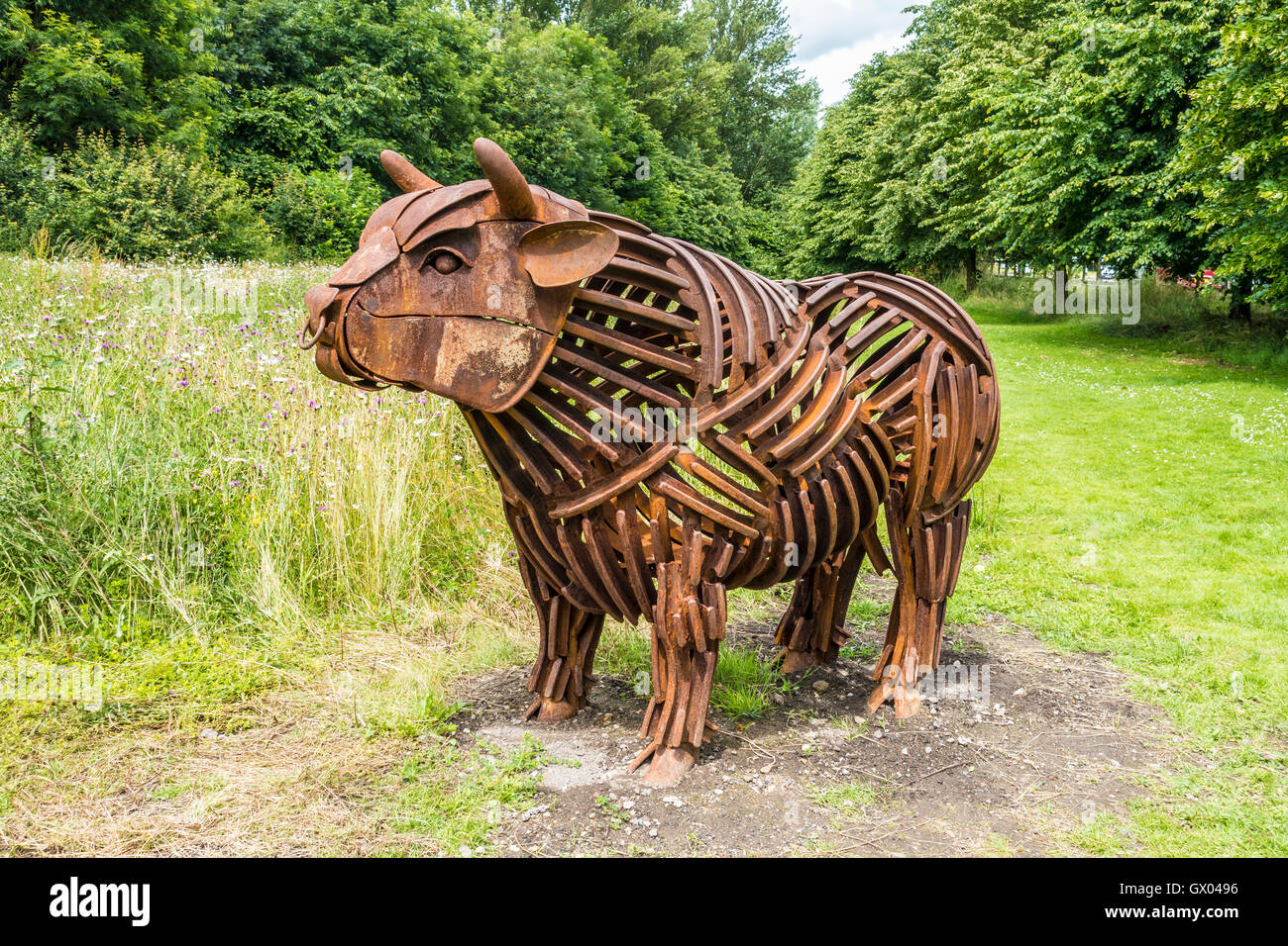 The Bull Sculpture by Steven Portchmouth Tannery Field Canterbury Kent UK Stock Photo