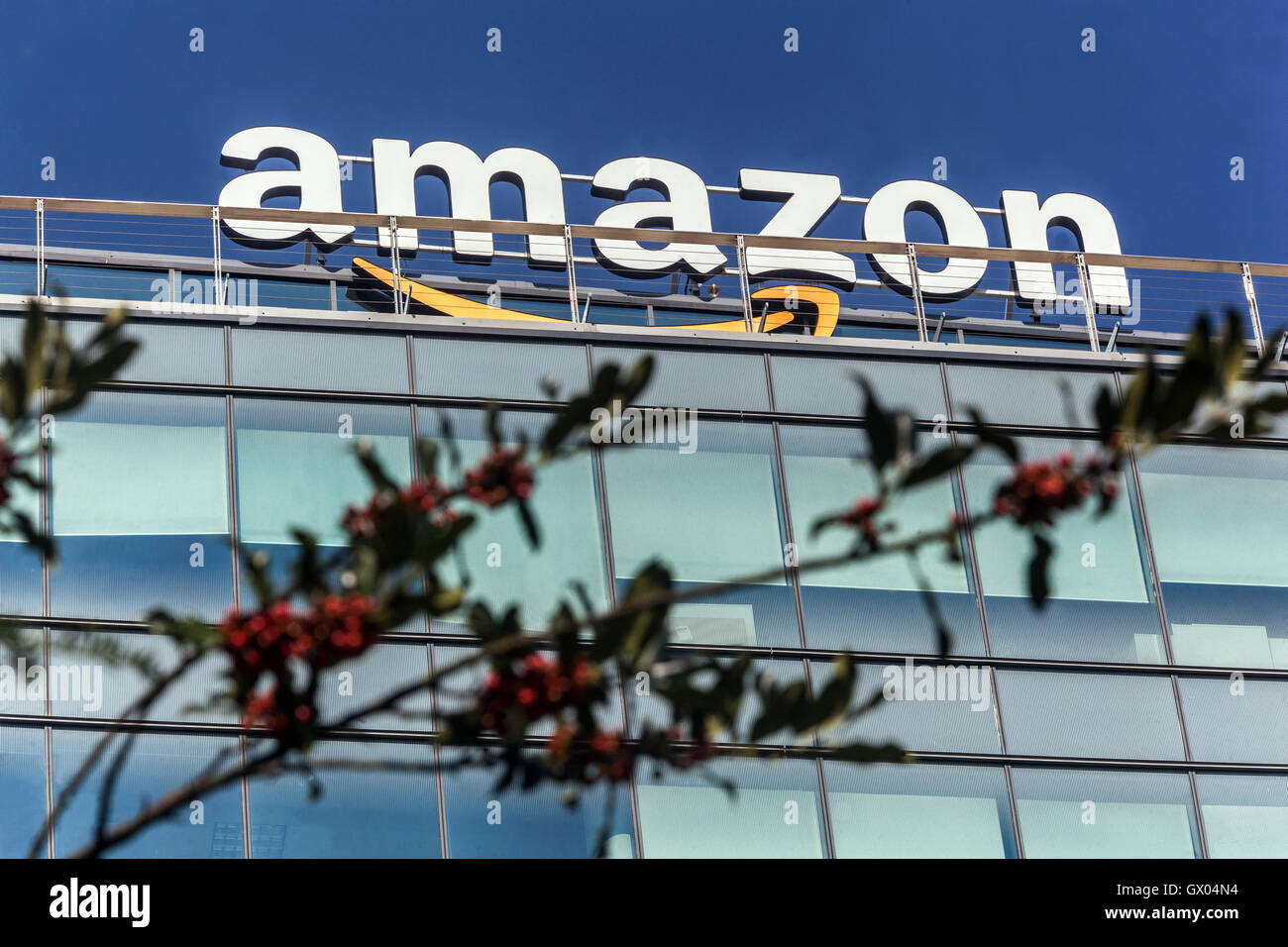 Amazon sign on a top of building, Slovakia, Europe Stock Photo