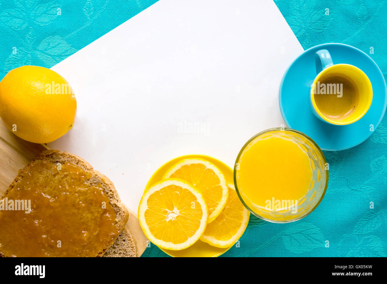 Good morning with orange juice, bread and jam, coffee Stock Photo Alamy