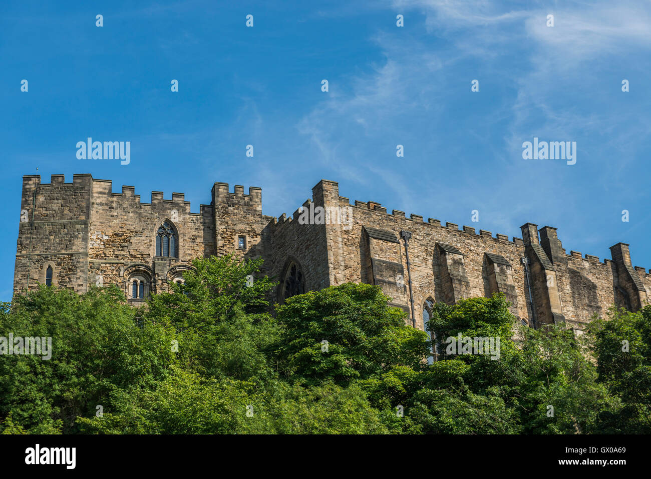 View of Durham Castle from Framwellgate Bridge on the River Wear, in the city of Durham, England, UK Stock Photo