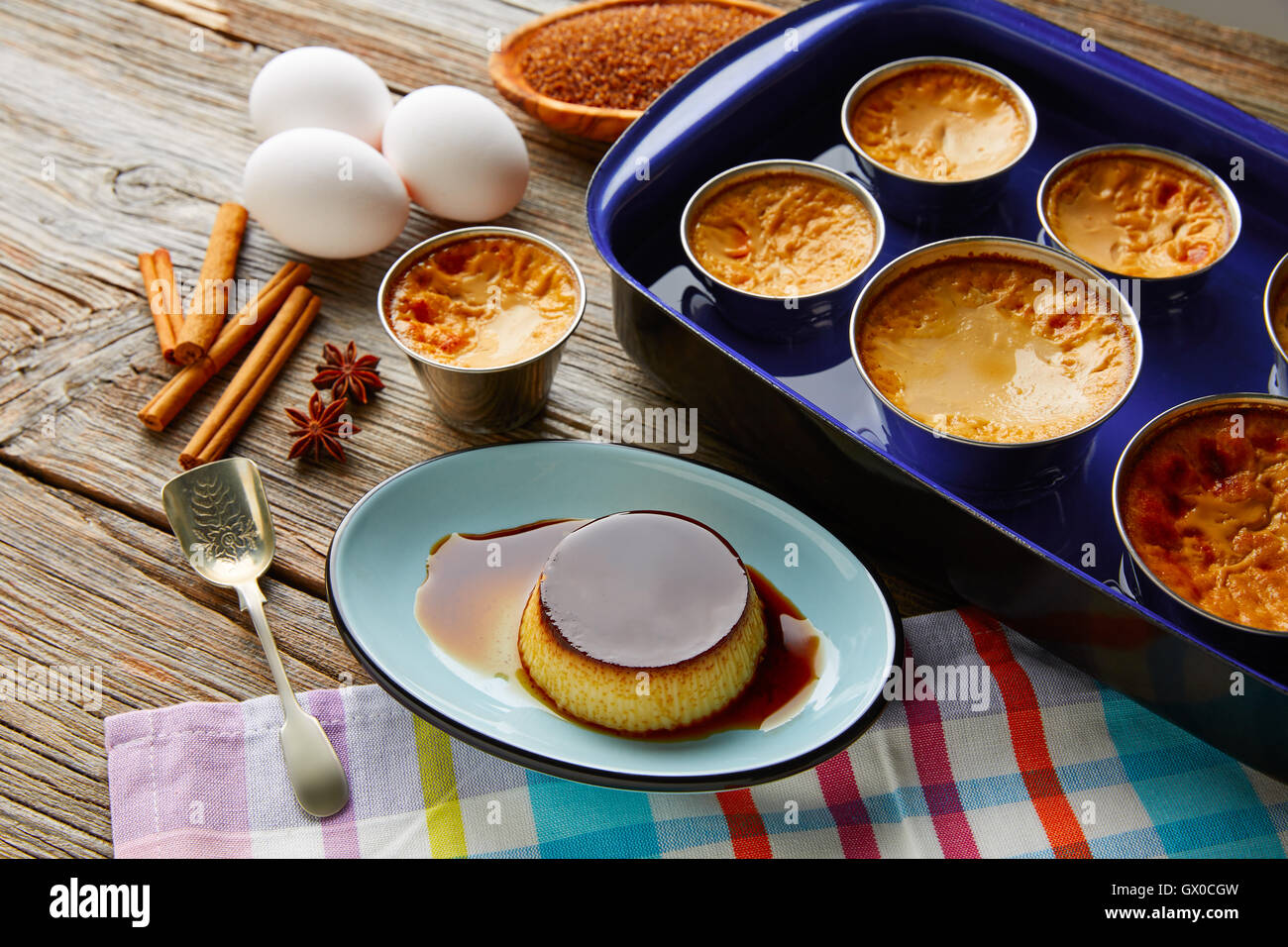 Custard Creme Caramel Flan dessert bain marie oven cooked Stock Photo