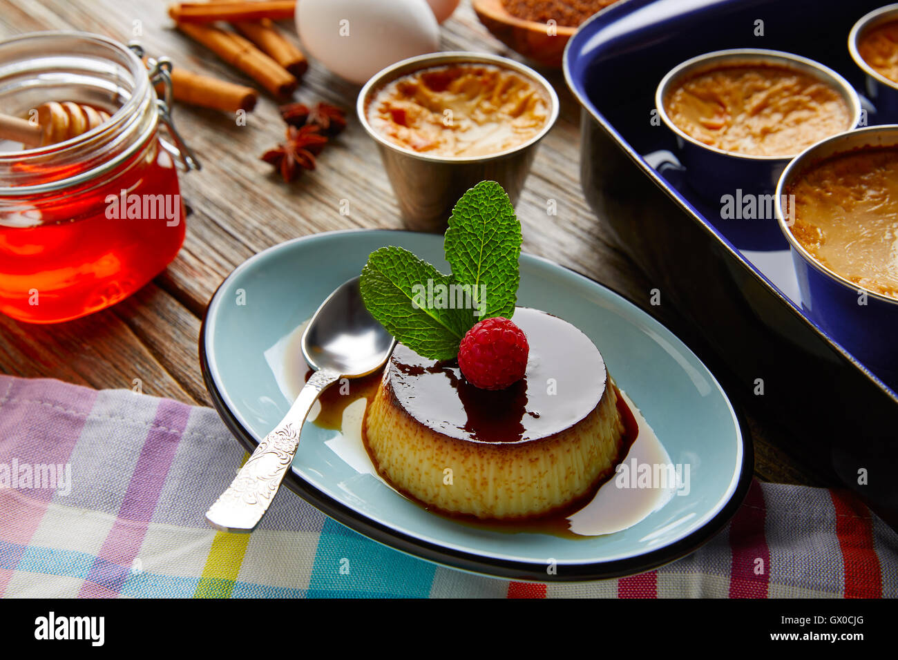 Custard Creme Caramel Flan dessert bain marie oven cooked Stock Photo