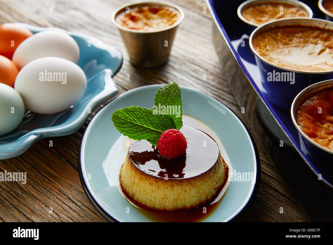 Custard Creme Caramel Flan dessert bain marie oven cooked Stock Photo
