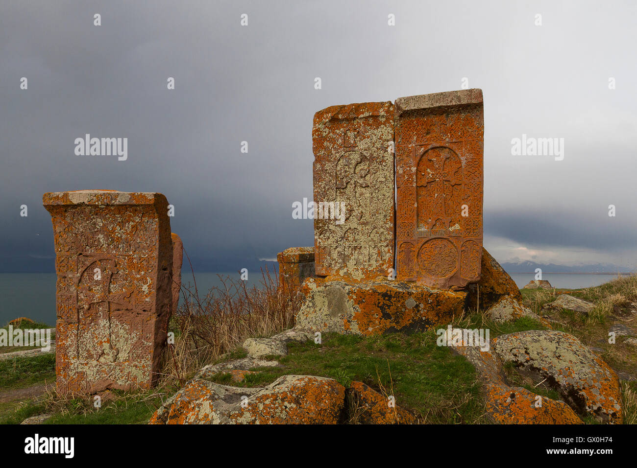 Cross stones known as Khachkars at the Hayravank Monastery in Armenia. Stock Photo