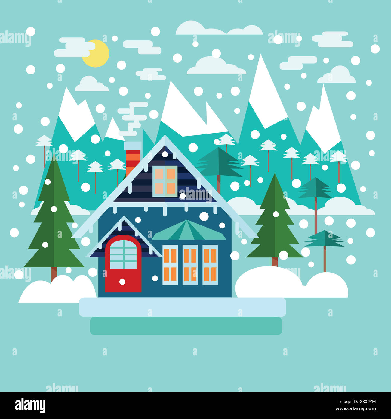 Merry Christmas greeting card design with country landscape in flat ...