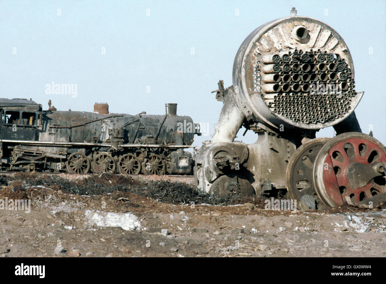 An ex-China Railways JF Class Mikado awaits scrapping at Manzhouli in Inner Mongolia, February 1987. Stock Photo