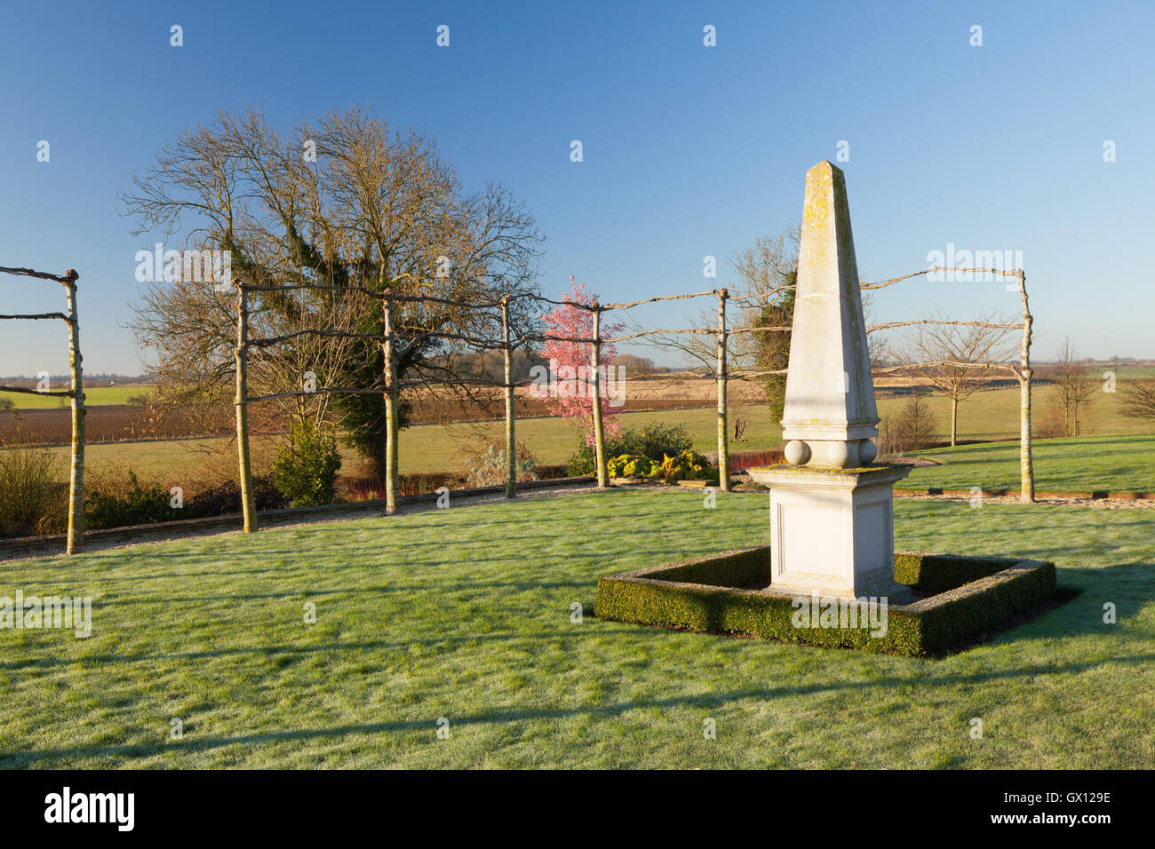 Obelisk lawn. Brightwater Gardens, Saxby, Lincolnshire, UK. Winter, February 2016. Stock Photo