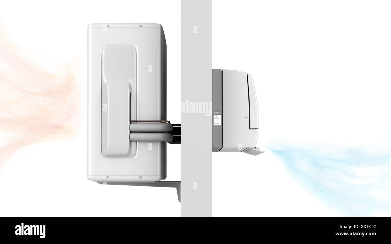 Indoor and outdoor units of split system air conditioner, blowing cold and hot air Stock Photo