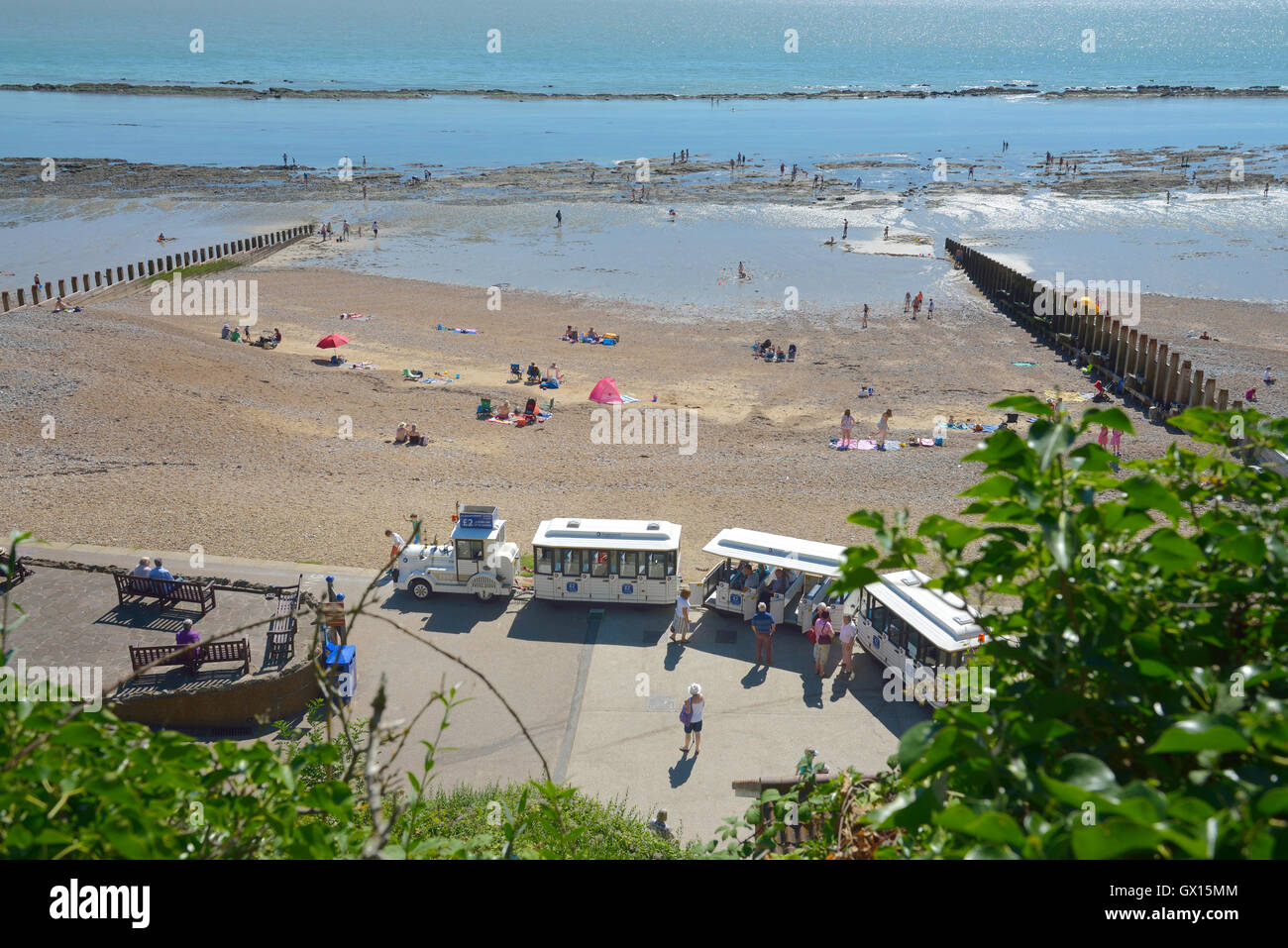 Land train at Holywell Retreat beach. Eastbourne. East Sussex. England