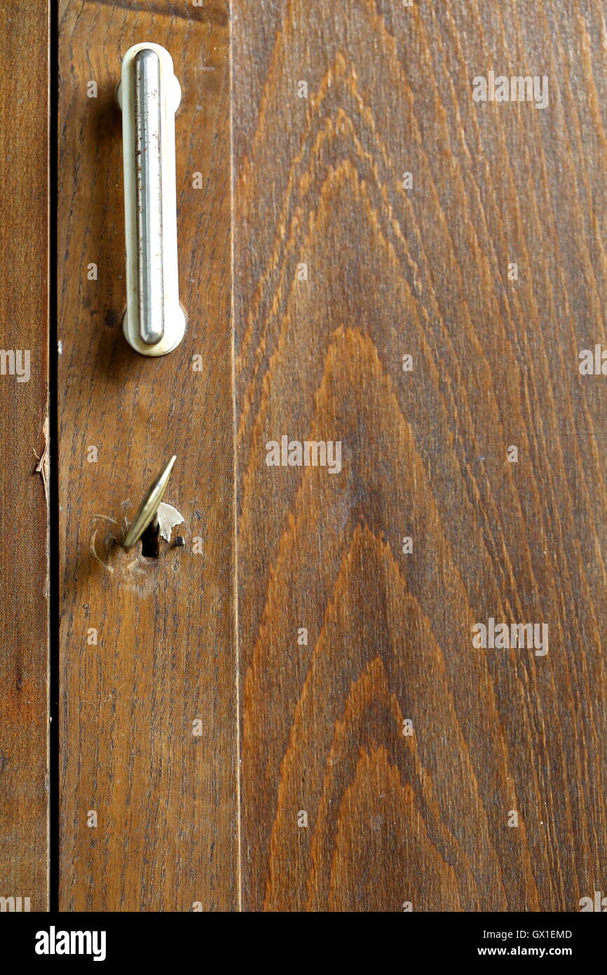 Handle and keyhole with a key of an old wardrobe Stock Photo Alamy