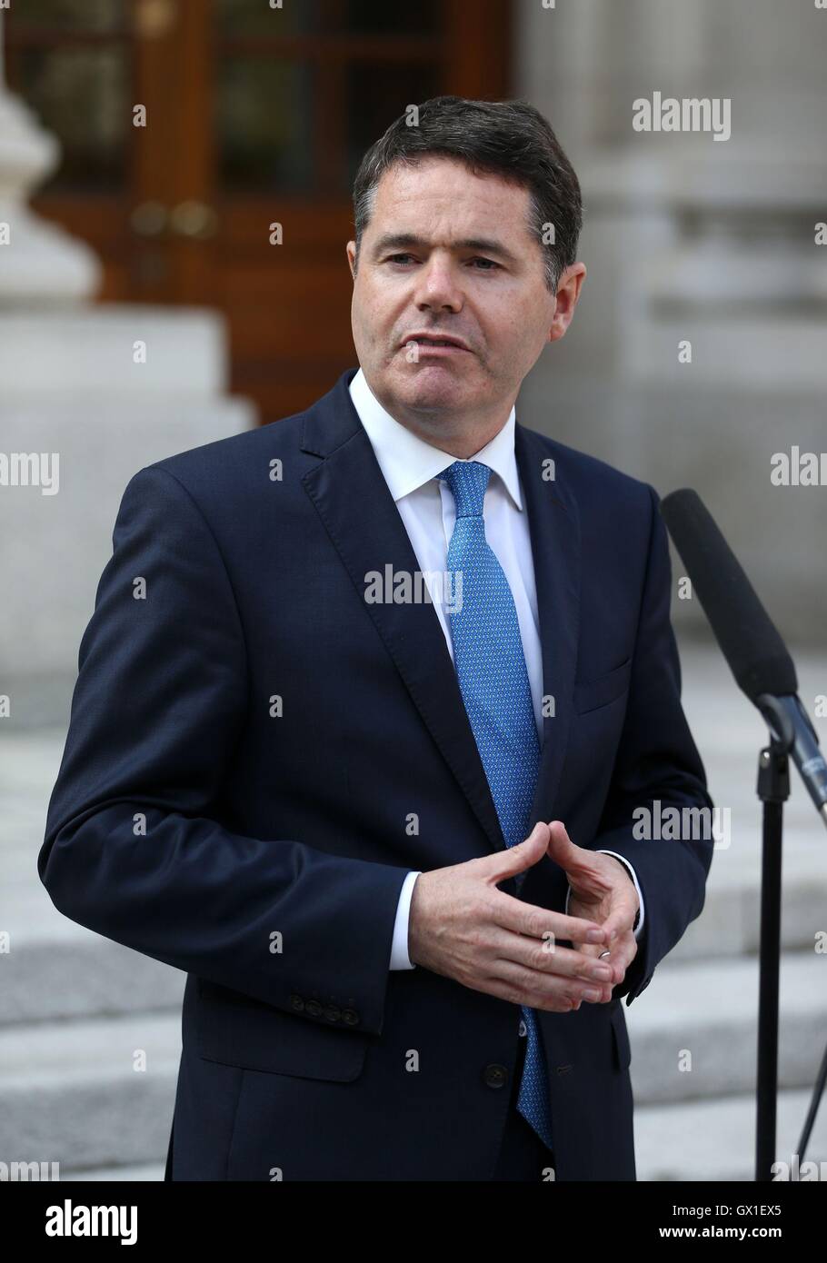 Minister for Public Expenditure and Reform, Paschal Donohoe, speaks in response to the Nama report, as the Irish government is to order an inquiry into the controversial £1.2 billion sale of Northern Ireland property assets by bad bank Nama, outside Government buildings in Dublin. Stock Photo
