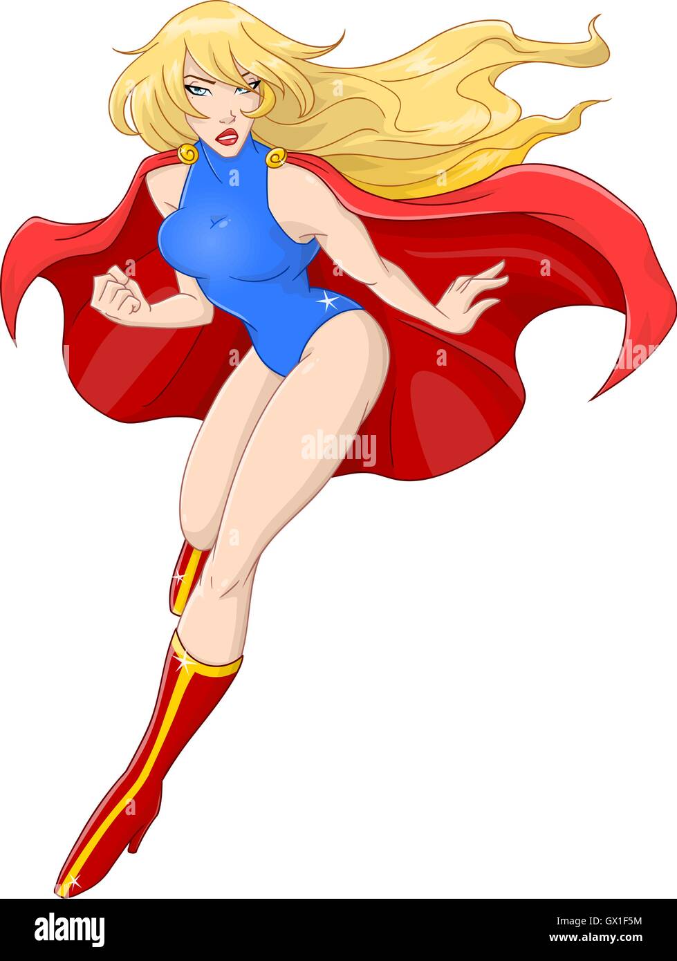 Vector illustration of super woman flying with red cape. Stock Vector