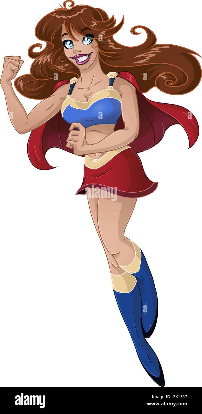 Vector illustration of super woman flying with red cape and making a muscle. Stock Vector