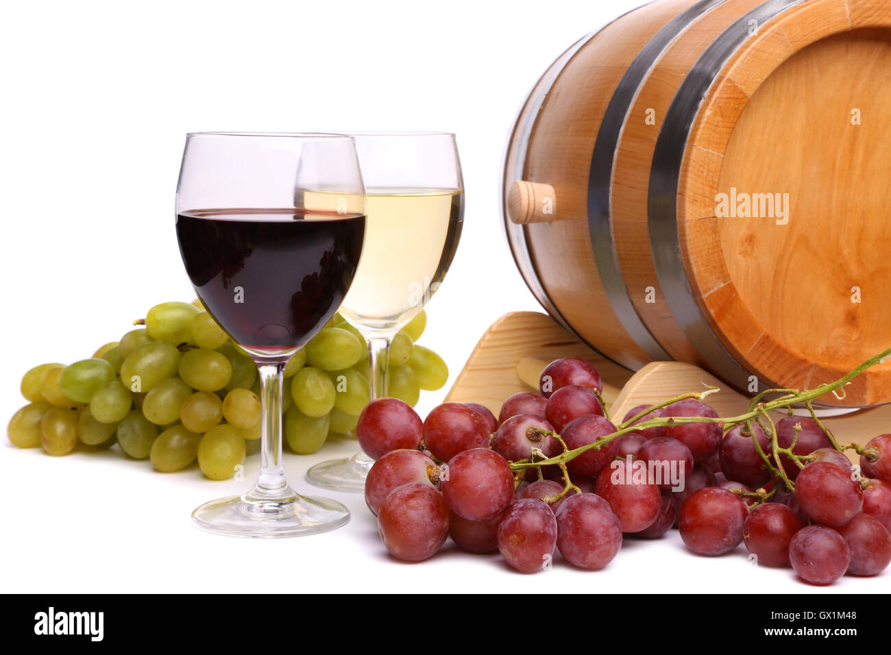 Grape on the barrel, glasses of wine Stock Photo