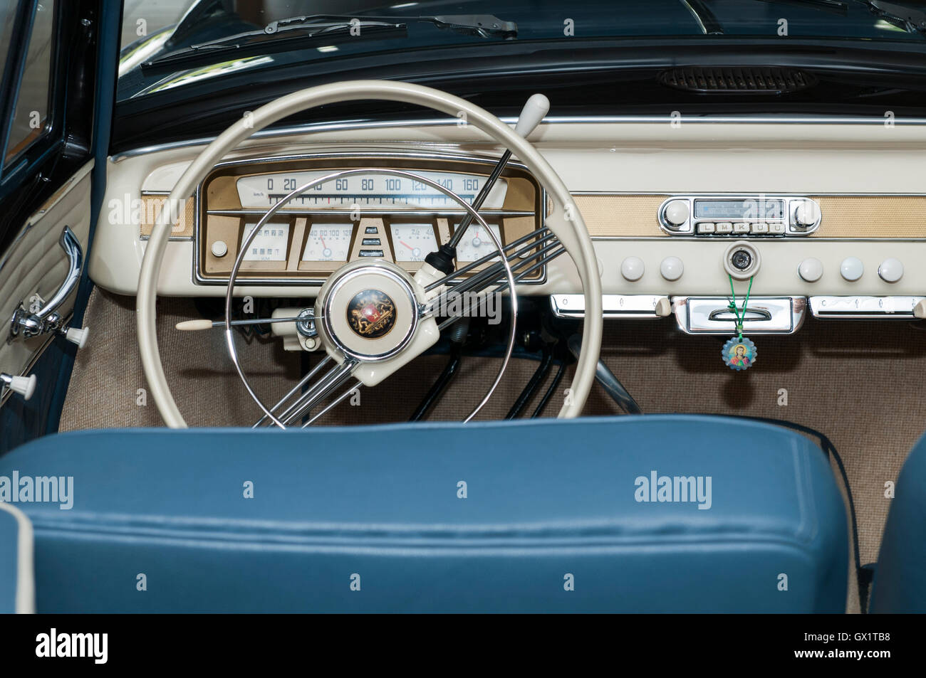 Scena, Italy - June 03, 2016: inside of a Borgward Isabella TS Deluxe, built in 1959, in the Centre of Scena. Stock Photo
