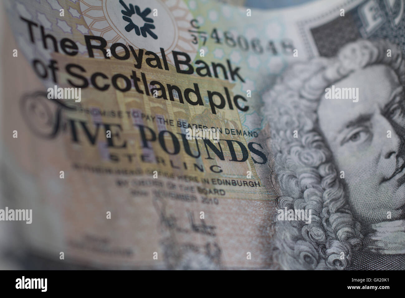Royal bank of Scotland, Five pounds Scottish currency  pound notes sterling bank notes of Scotland Stock Photo