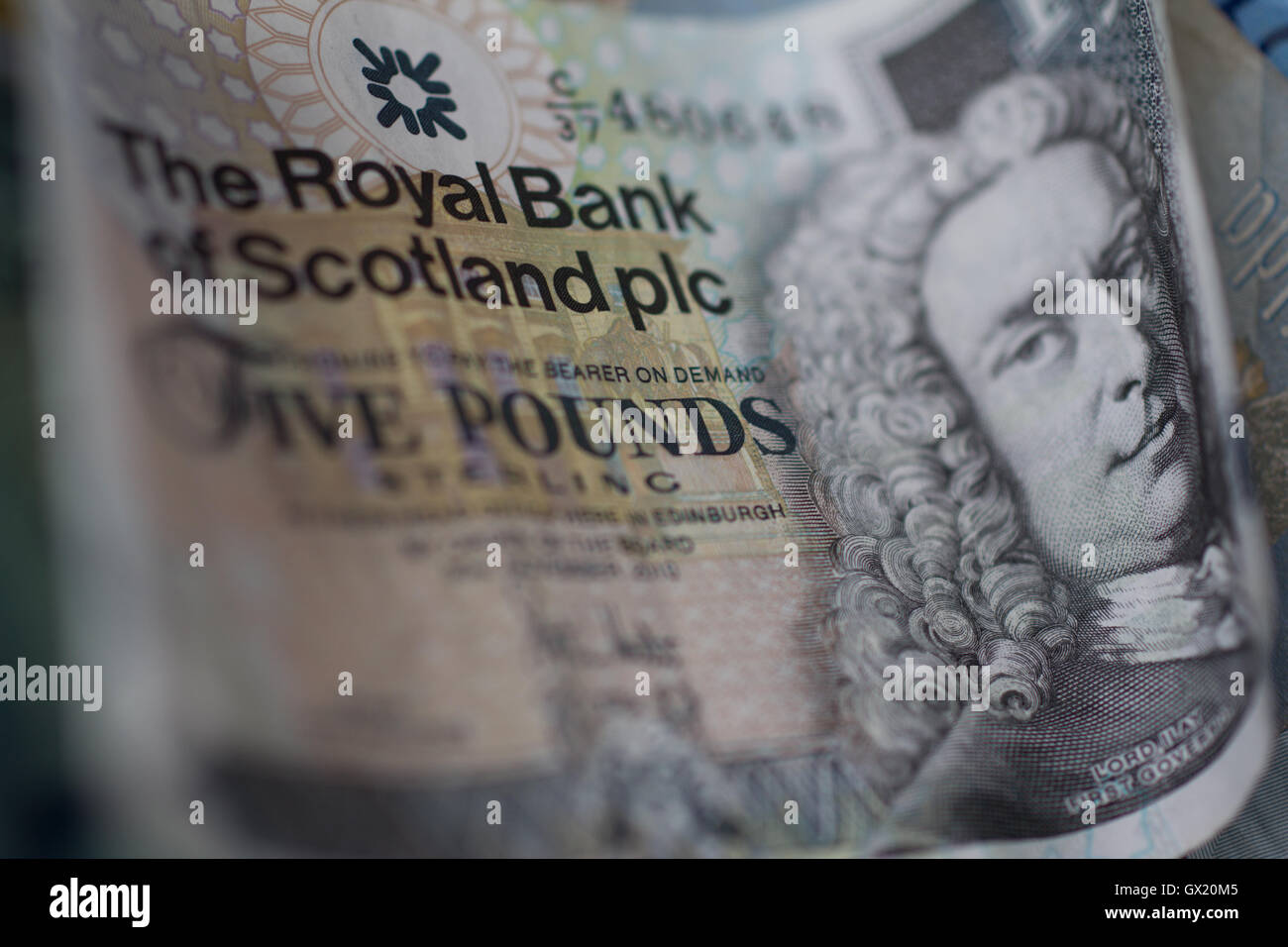 Royal bank of Scotland, Five pounds Scottish currency  pound notes sterling bank notes of Scotland Stock Photo