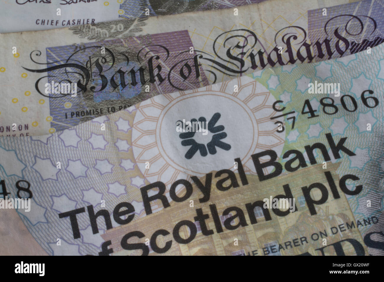 Scottish currency  pound notes sterling bank notes of Scotland with Bank of England sterling Stock Photo