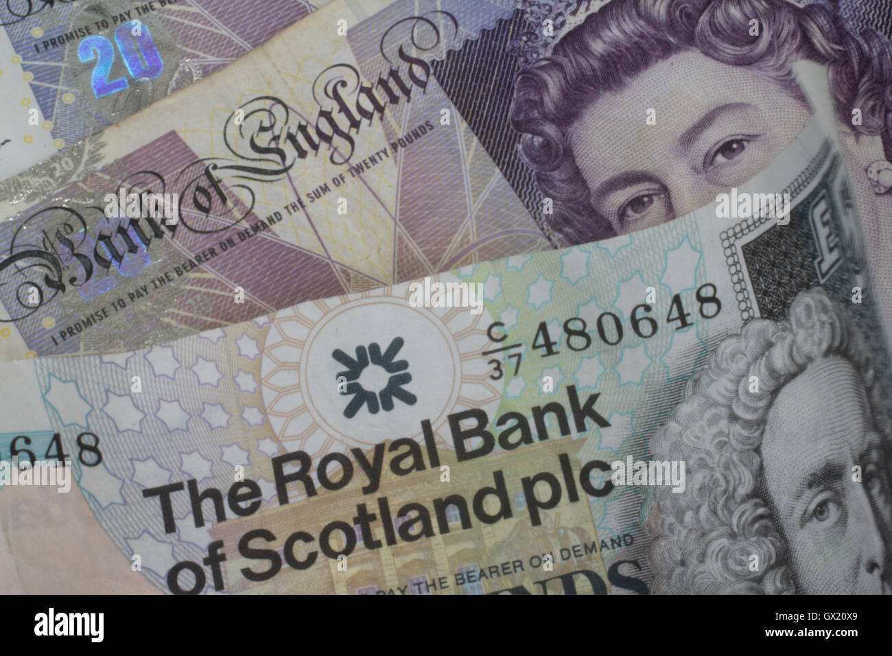 Scottish currency  pound notes sterling bank notes of Scotland with Bank of England sterling Stock Photo