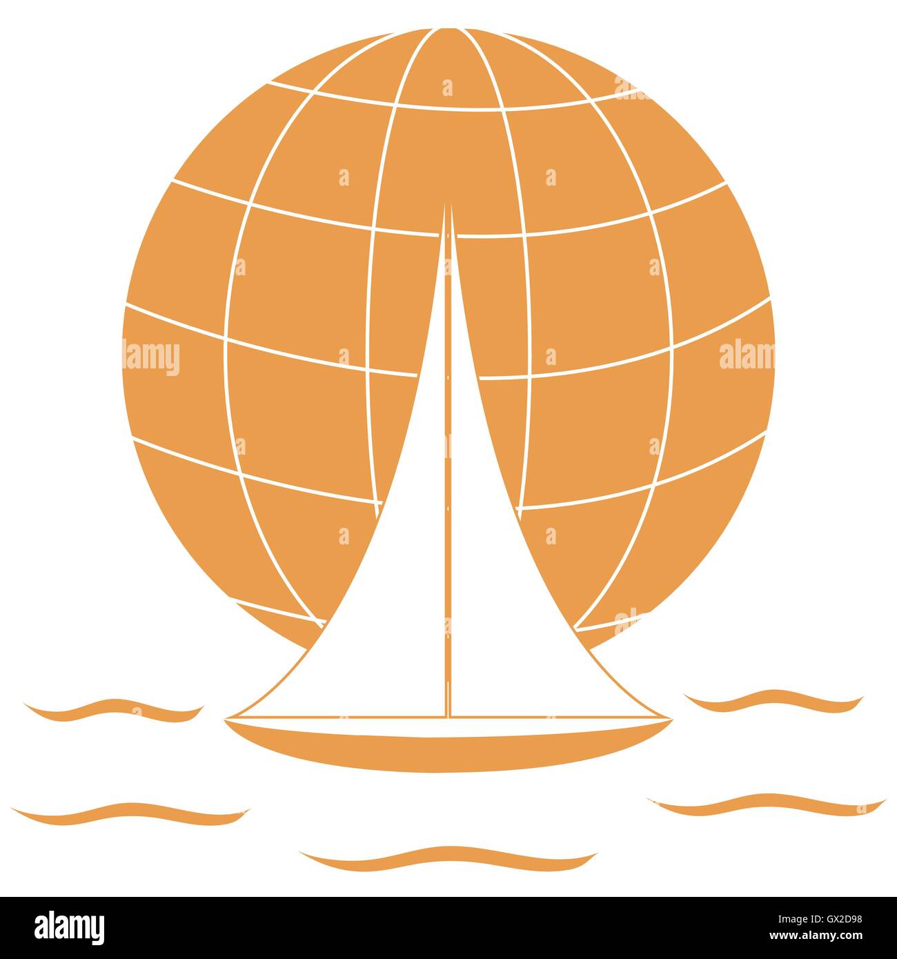 Stylized icon of a colored yacht, sailing over the waves on a globe on ...