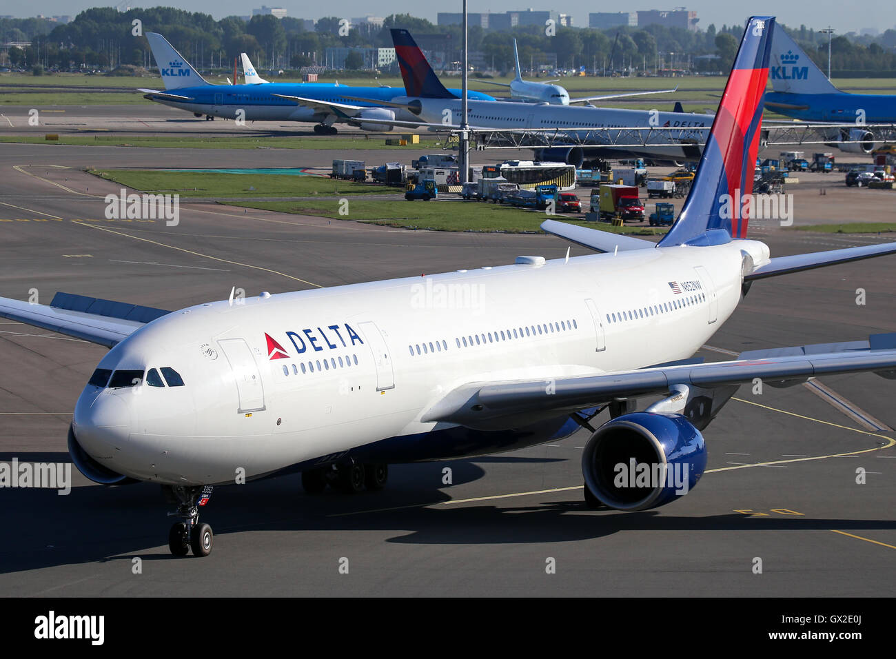 Delta Air Lines Airbus A330-200 taxis to the gate at Amsterdam Schipol airport. Stock Photo