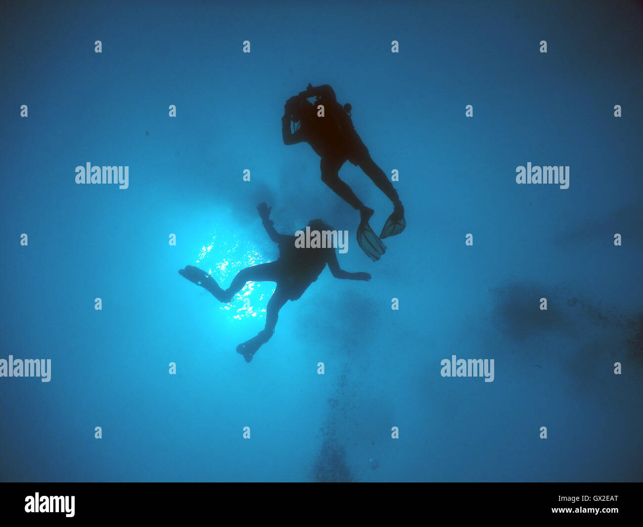 Diving in the crystal clear water of Mediterranean. Underwater photos of diver's silhouettes. Underwater lightning conditions. Stock Photo