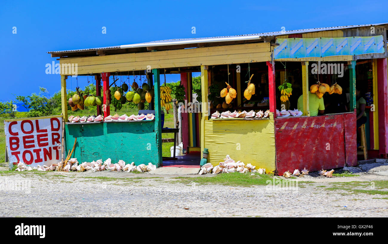 Colorful beer and fruits store kiosk in Jamaica. Stock Photo
