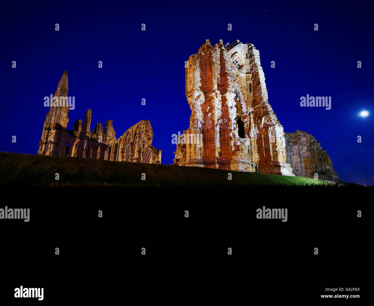 Whitby Abbey at night Esk Valley North Yorkshire Moors England United Kingdom UK Great Britain GB Steam & heritage diesel trains Stock Photo