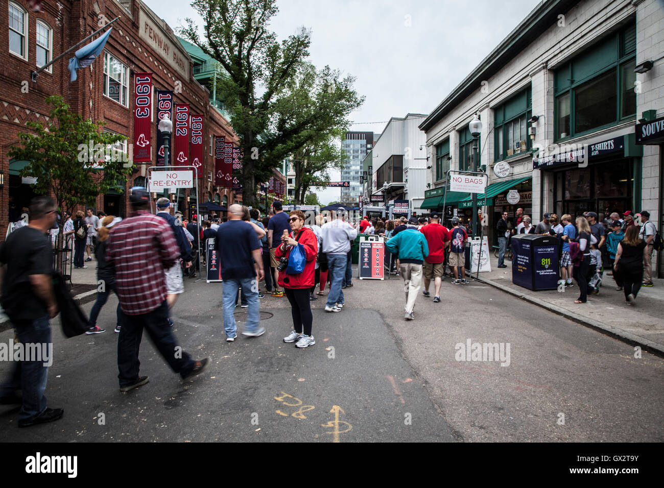 Fans gather on Yawkey Way at Fenway Park, Boston Red Sox Stock