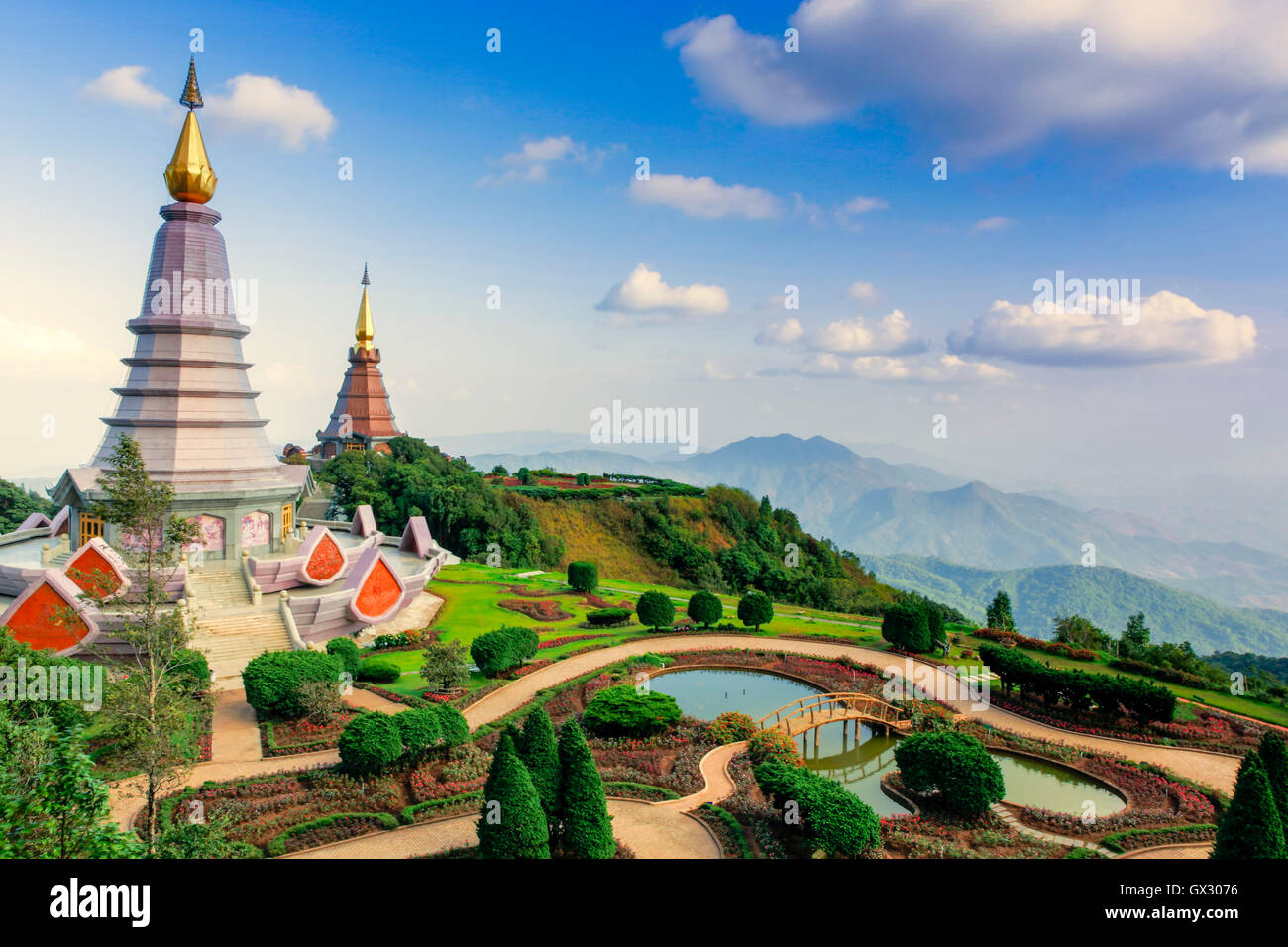 A view of Buddhist temples at Doi Inthanon National Park, near Chiang Mai in Northern Thailand Stock Photo