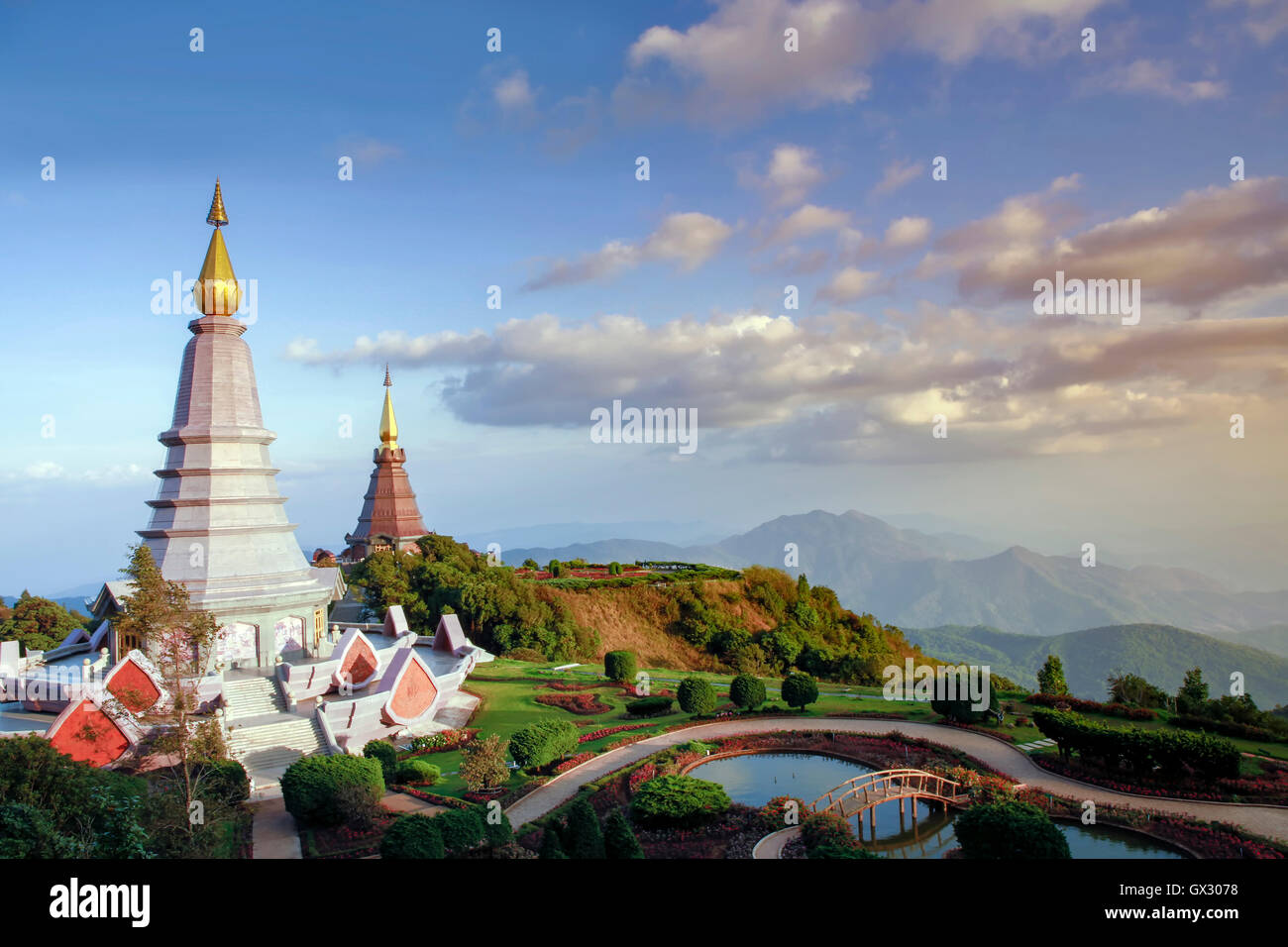 A view of Buddhist temples at Doi Inthanon National Park, near Chiang Mai in Northern Thailand Stock Photo