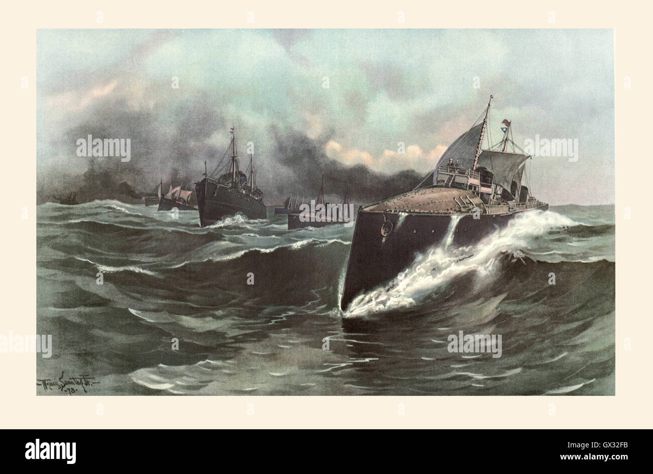 Spain's torpedo boat flotilla en route from The Canaries to Puerto Rico during the Spanish-American War. From left,  torpedo boat Ariete, torpedo gunboat Pluton, torpedo gunboat Terror, converted merchantman Ciudad de Cadiz, as convoy, torpedo boat Rayo, torpedo boat Azor and torpedo gunboat Furor.  After the drawing by W. Louis Sonntag Jr. Stock Photo