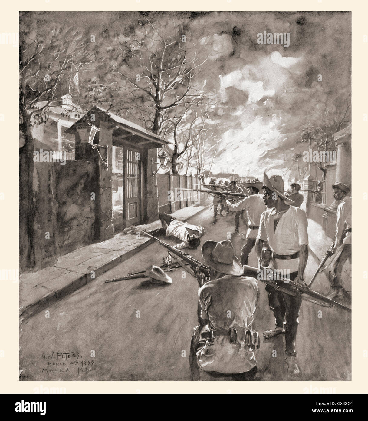 Manila during the Philippine-American War.  Filipino attack on the barracks of Co. C, 13th Minnesota Volunteers, during the Tondo Fire.  After the drawing by G.W. Peters. Stock Photo