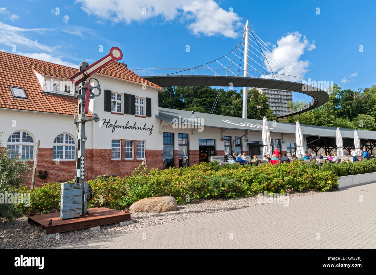 Cafe in former railway station at the old ferry terminus at Sassnitz on Rügen, Mecklenburg-Western Pomerania, Germany. Stock Photo