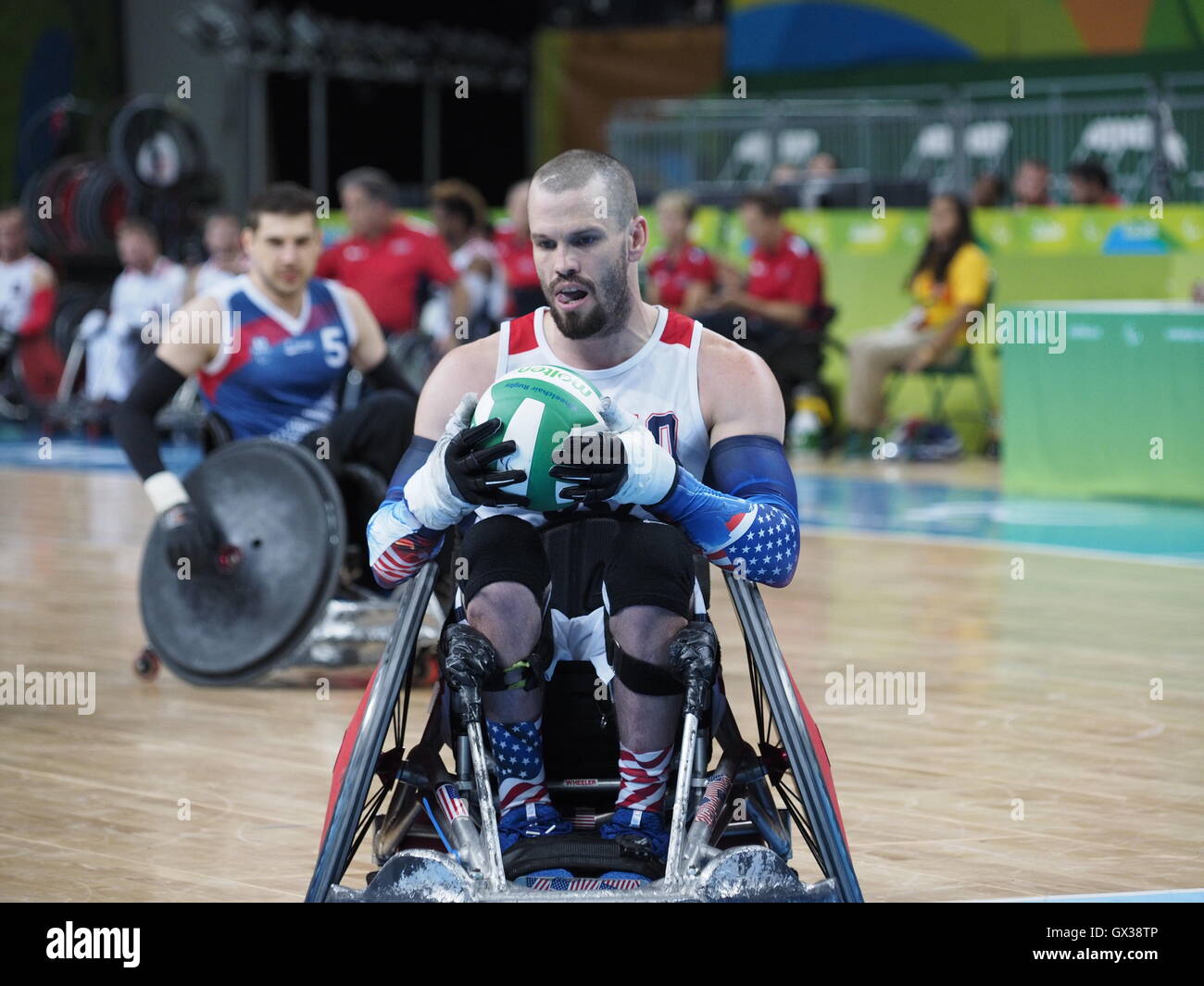 Rio de Janeiro, Brazil. 14th September, 2016. Rio Paralympic Games 2016. Opening match of the Wheelchair Rugby Pool B between the United States and France. Credit:  PhotoAbility/Alamy Live News Stock Photo