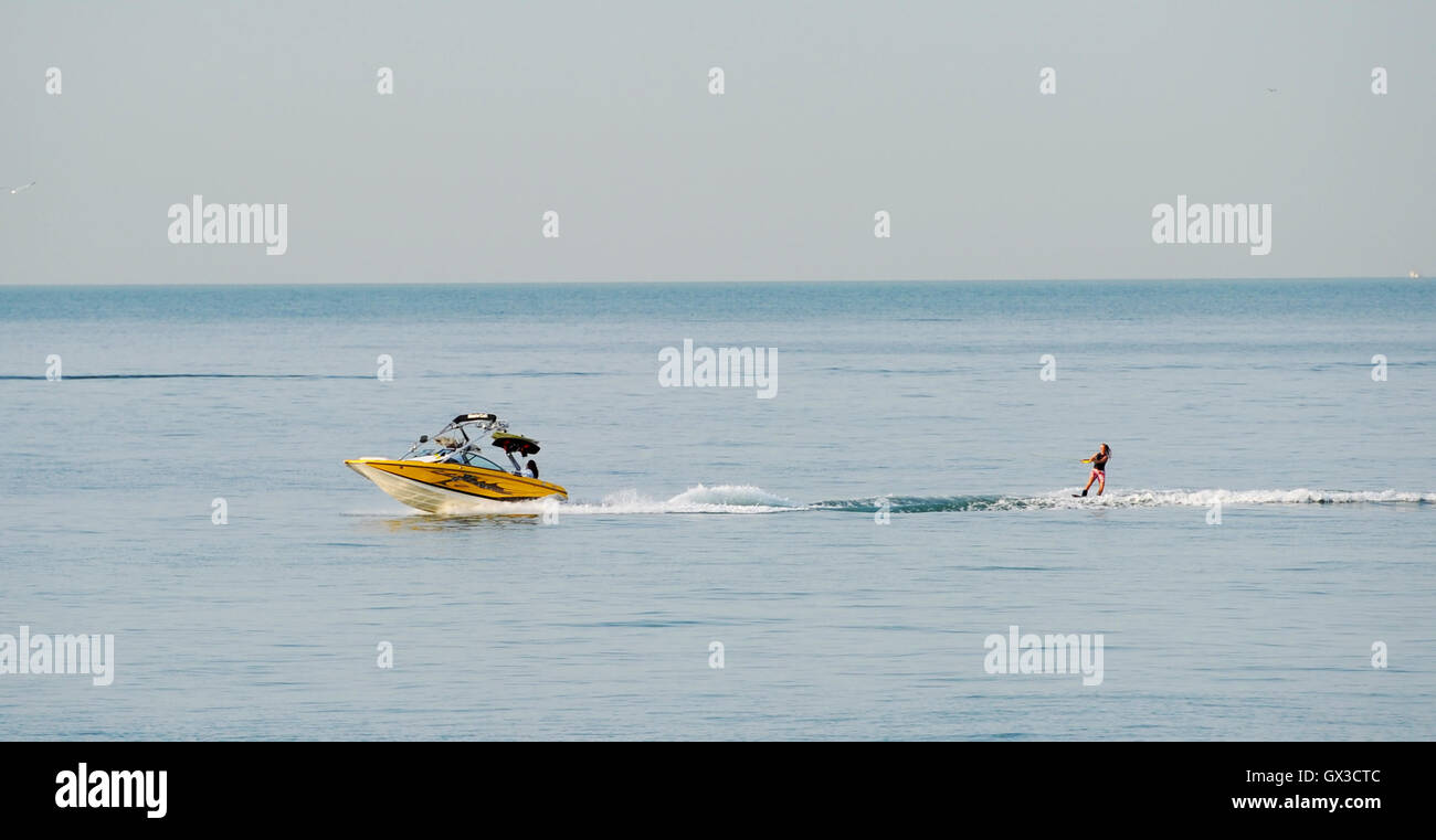 Brighton, UK. 15th Sep, 2016. A water skier makes the most of early morning sunshine off Brighton beach as the September heatwave weather continues in the south east of Britain today but it is forecast to become a lot cooler in the next few days Credit:  Simon Dack/Alamy Live News Stock Photo