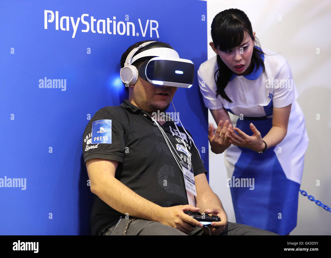 Thursday. 15th Sep, 2016. A visitor tries to play a virtual videogame with Sony Interactive Entertainment's PlayStation VR at the annual Tokyo Game Show in Chiba, suburban Tokyo on Thursday, September 15, 2016. The 20th anniversary Show includes show a new Virtual Reality (VR) area. The event hosts 614 exhibitors from 37 different countries and runs from September 15 to 18 at the International Convention Complex Makuhari Messe in Chiba. 1,523 game titles for smartphones, games consoles, PC and VR platforms are on show. Credit:  Yoshio Tsunoda/AFLO/Alamy Live News Stock Photo