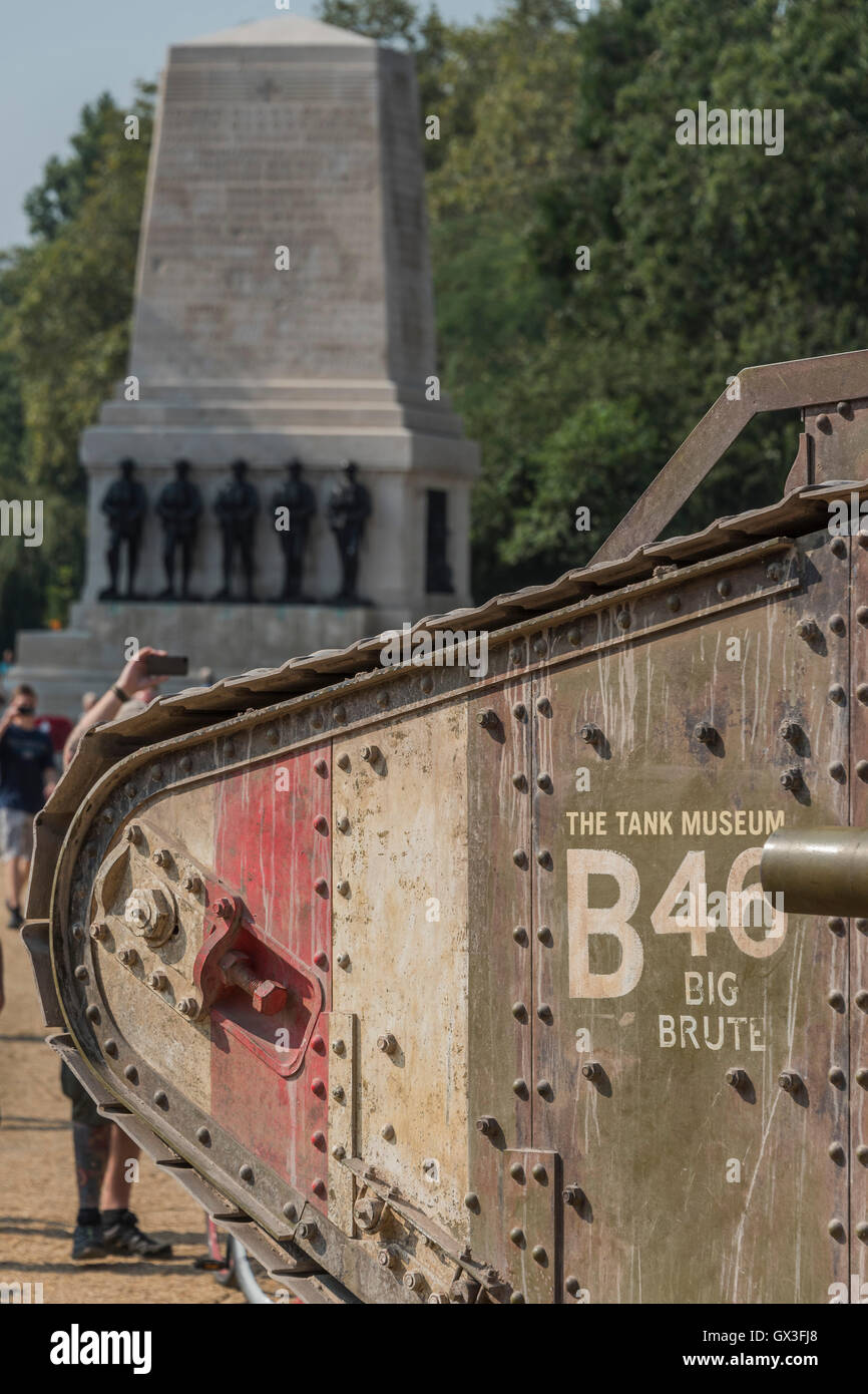 London, UK. 15th September, 2016. The tank arrives on Horse Guards Parade  where tourists take selfies and it  meets its contemporary sister, a Challenger tank of the Royal Tank Regiment - A replica of a World War One tank brought to London to mark the 100th anniversary its first use in action in the Battle of the Somme on 15 September 1916. Dorset's Tank Museum, provided the machine which was designed to travel at walking pace (3mph) to support the infantry. Credit:  Guy Bell/Alamy Live News Stock Photo
