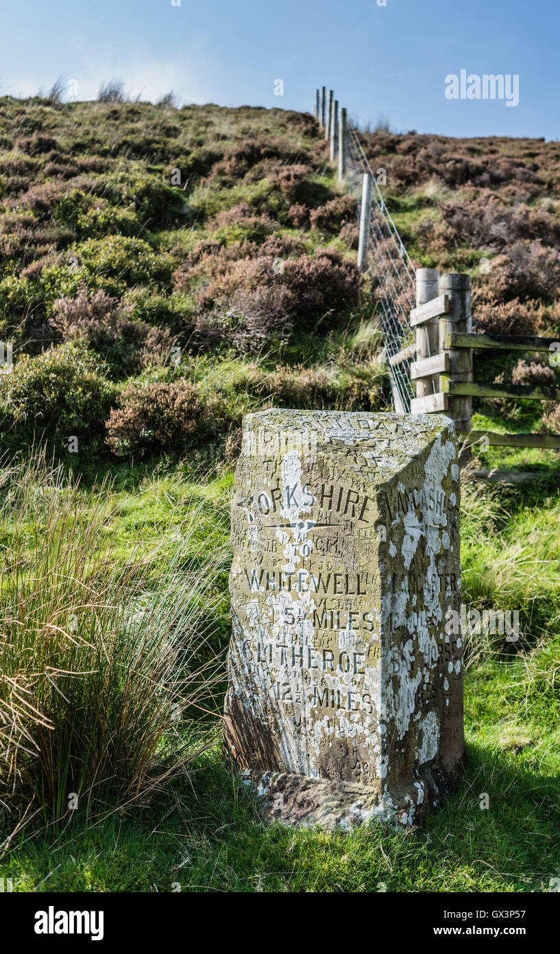 The boundary stone on Boundary Hill, Trough of Bowland, Lancashire, north west England, UK. Stock Photo