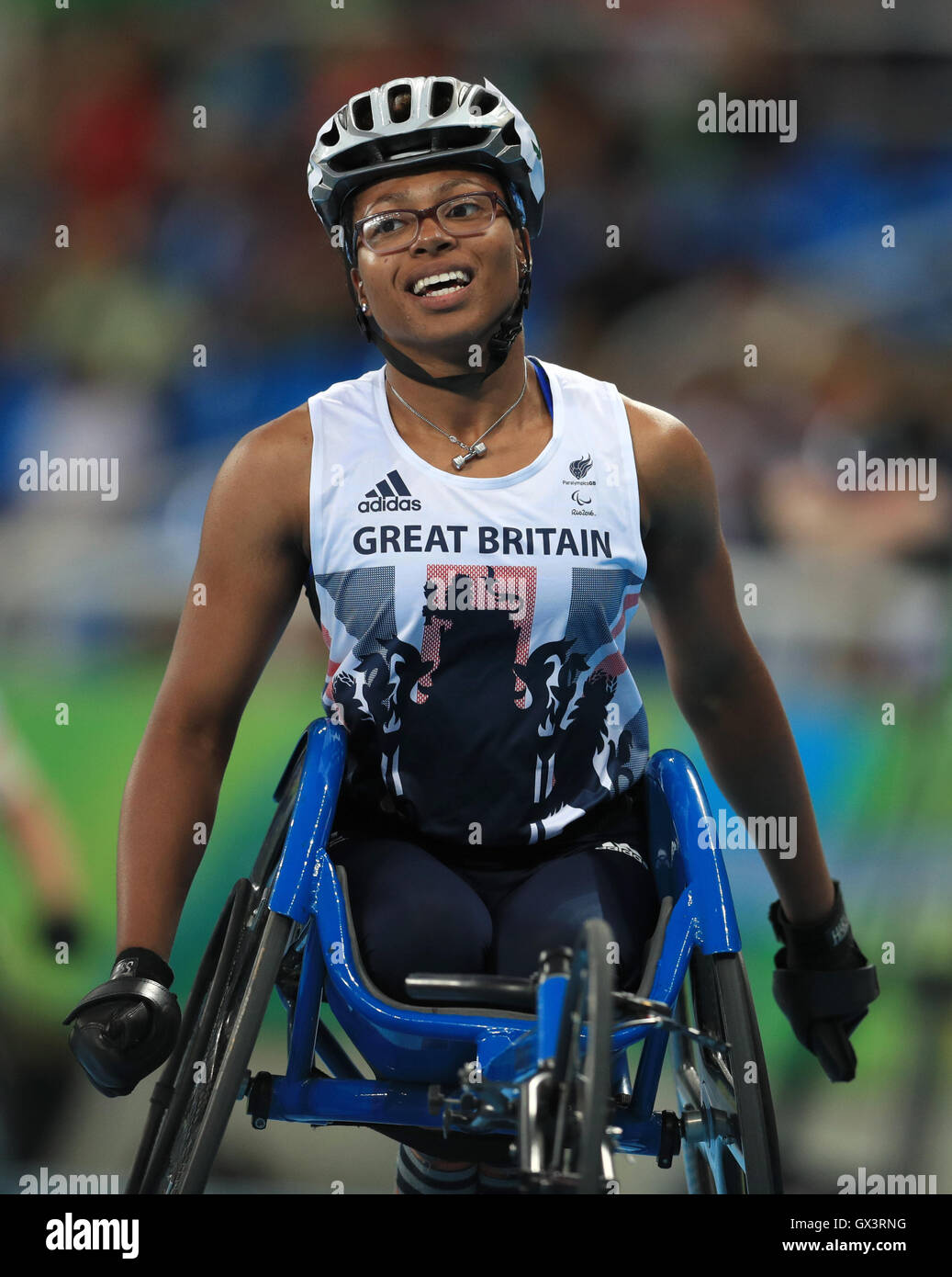 Great Britain's Kare Adenegan celebrates winning a bronze medal in the Women's 400 metres T34 final during the seventh day of the 2016 Rio Paralympic Games in Rio de Janeiro, Brazil. Stock Photo