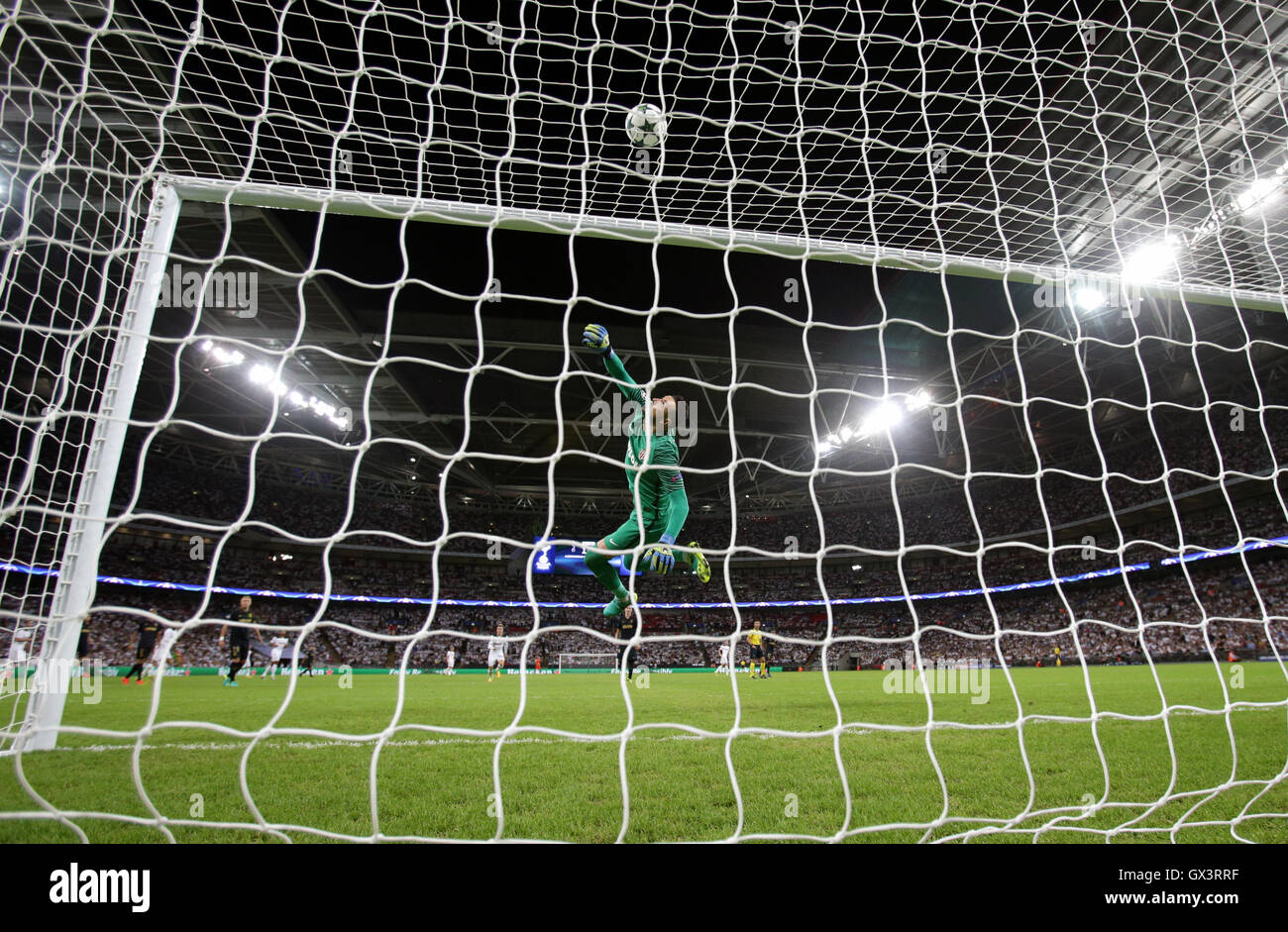 AS Monaco goalkeeper Danijel Subasic deflects a shot during the Champions League match at the Wembley Stadium, London. PRESS ASSOCIATION Photo. Picture date:  Wednesday September 14, 2016. See PA story SOCCER Tottenham. Photo credit should read: Yui Mok/PA Wire Stock Photo