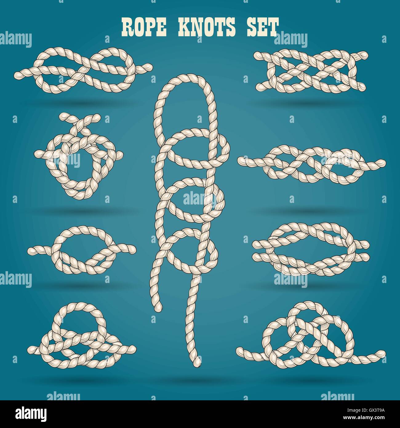 Set of nautical rope knots drawn in vintage style. Vector illustration. Stock Vector