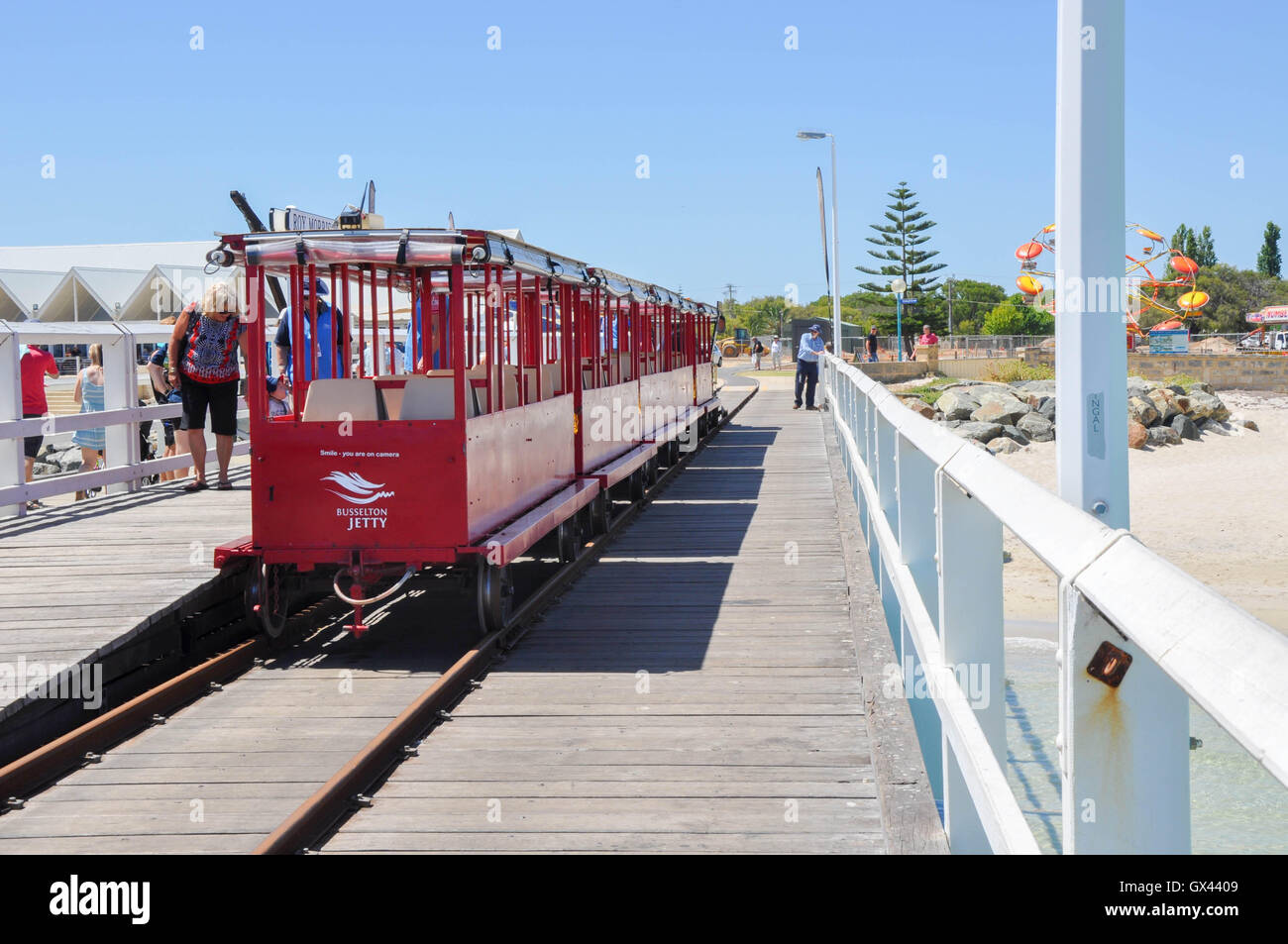 Busselton,WA,AustraliaJanuary 15,2016Tourists and touring train on the Busselton Jetty with