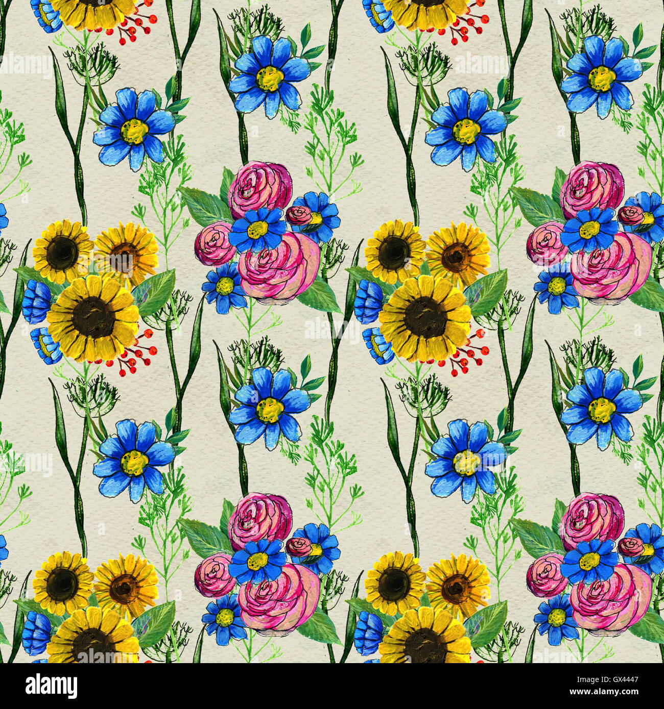 Seamless pattern with blue yellow and pink flowers Stock Photo - Alamy