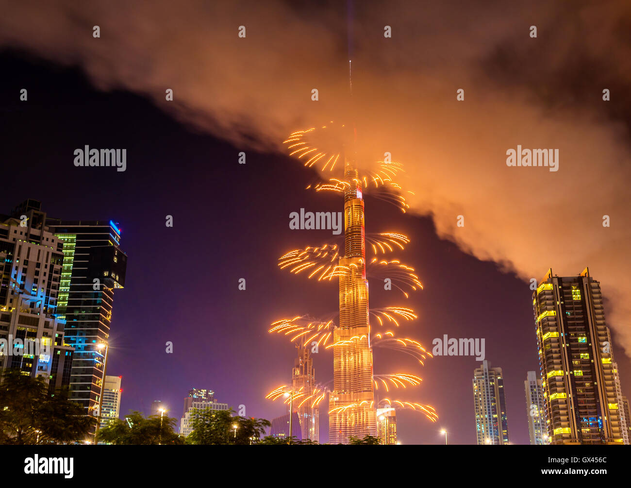 Fireworks from Burj Khalifa on New Year's Eve 2016, Dubai - UAE Stock Photo